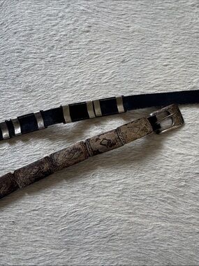 Vintage Black and Brown Leather Belt with Metal Accents